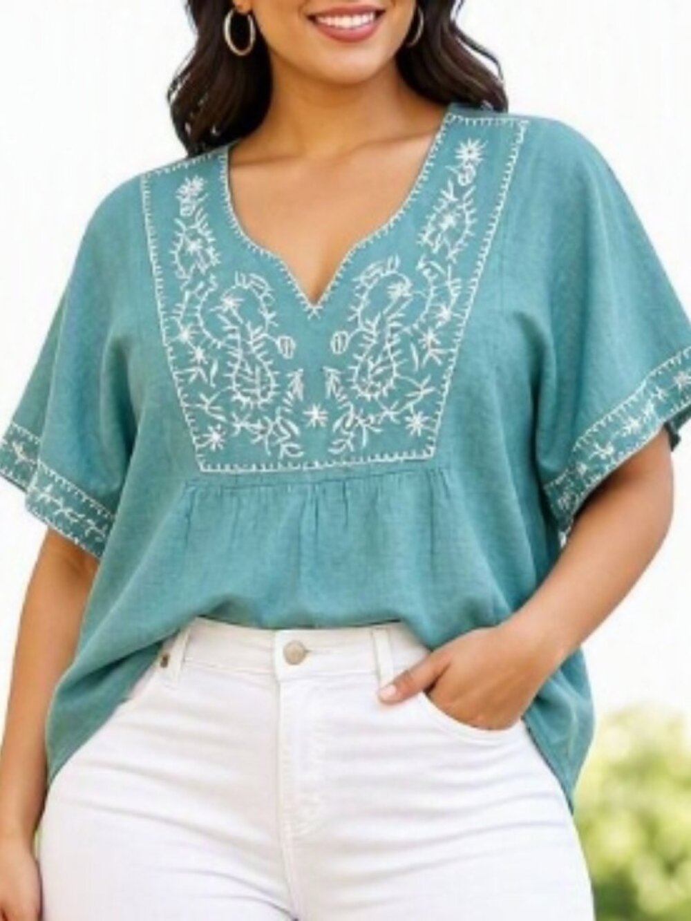 Tantrums Aqua Embroidered Cotton Top Blouse Shirt M Boho Peasant Festival